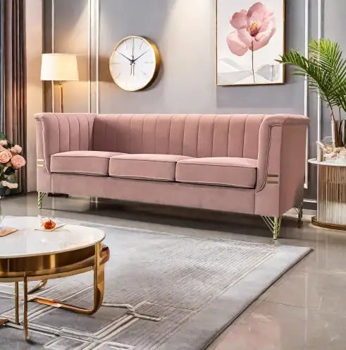 Velvet Sofa - Modern Upholstered Pink Sofa with Gold Legs