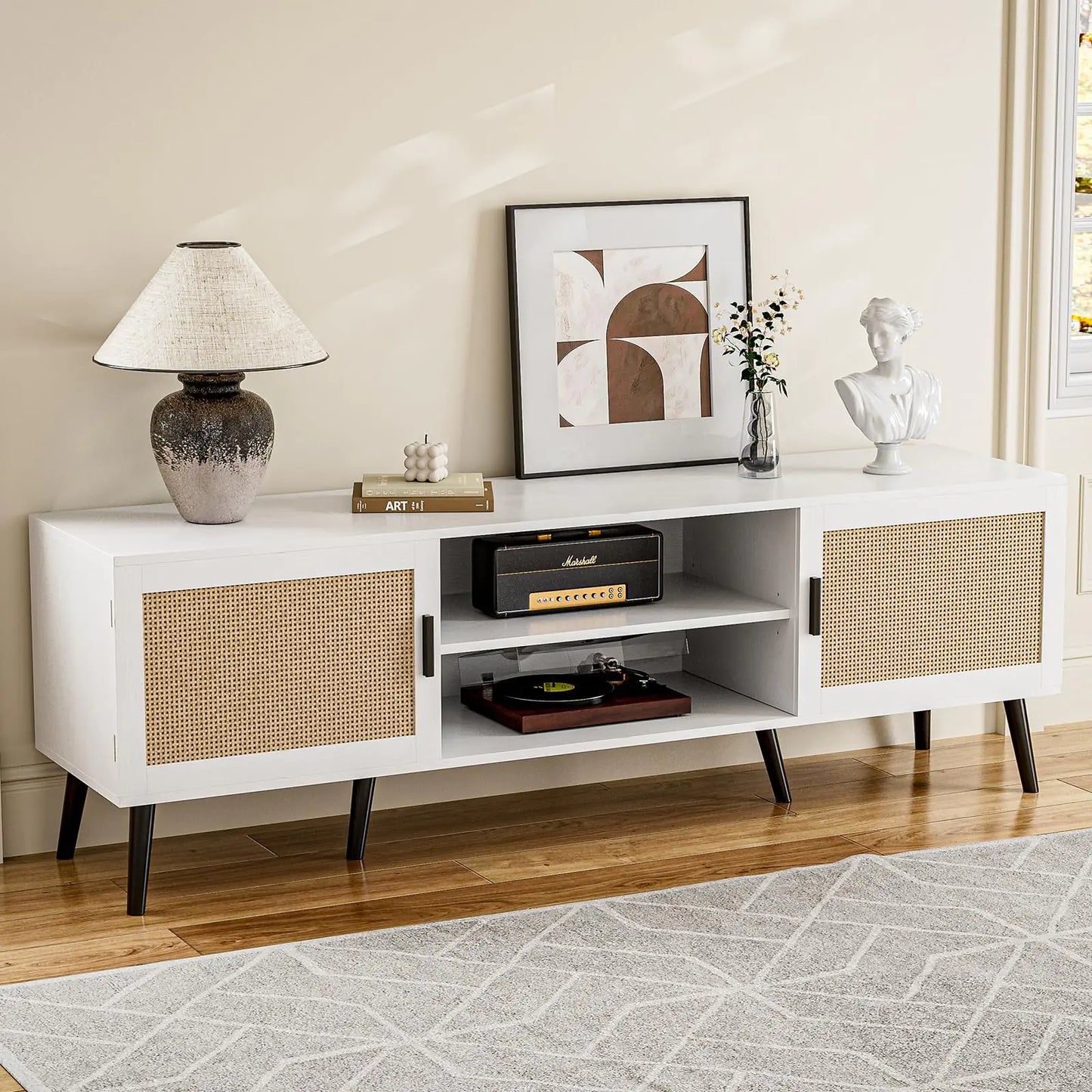Mid-Century Rattan Door TV Stand 55 Inch