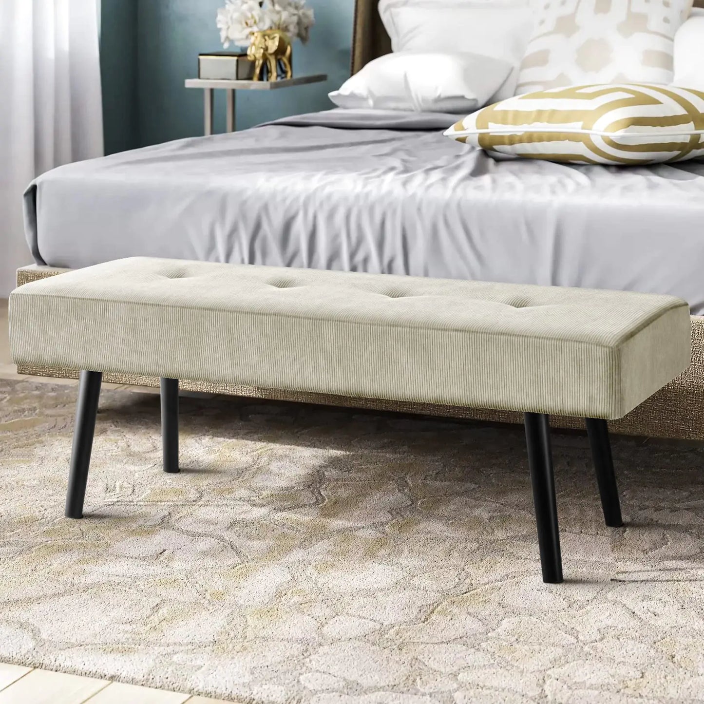 Comfy to go Entryway Bench - Beige Bench for Bedroom Modern Ottoman End of Bed Corduroy Padded Benches for Living Room Foyer Mudroom Hallway - 39" L x 14" W x 17" H