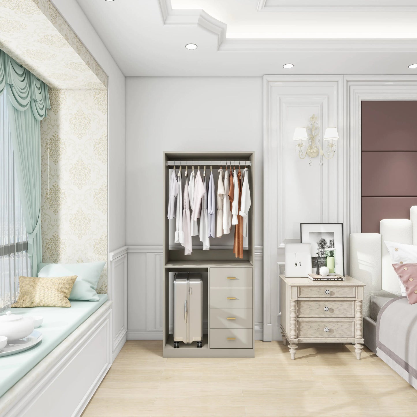 Grey Bedroom Wardrobe with 4 Drawers, Shelves and Hanging Rod