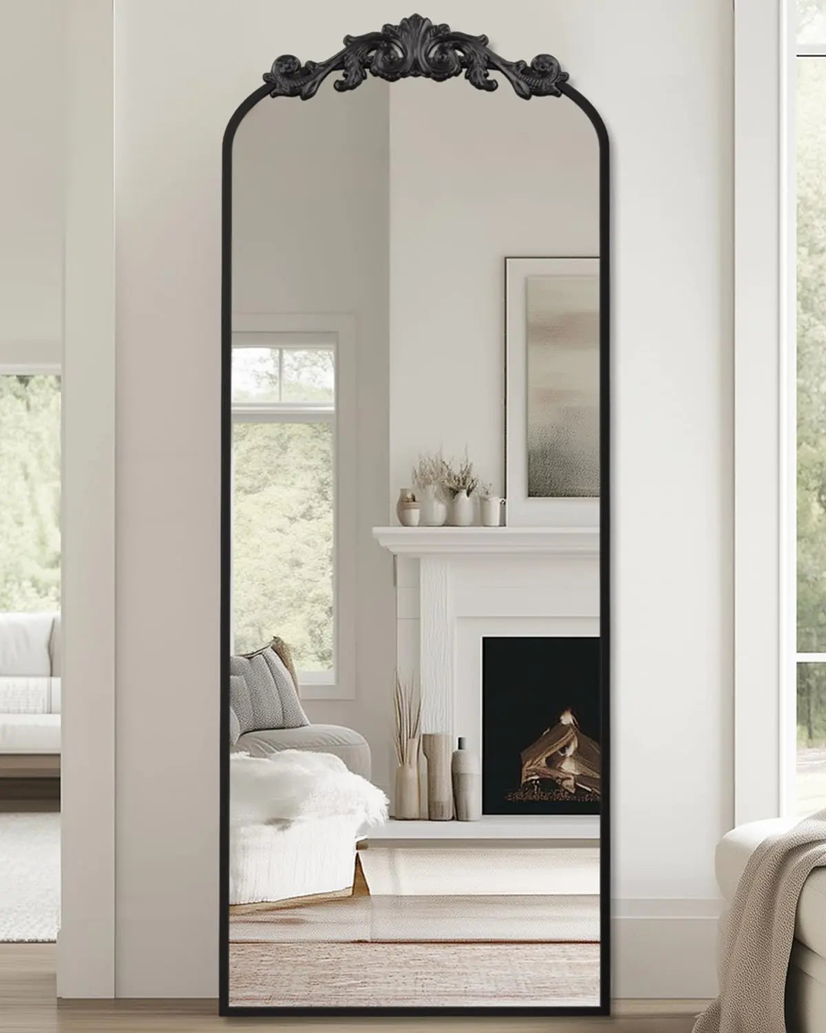 58"x18" Arched Mirror - Black Full Length Mirror with Carved Frame