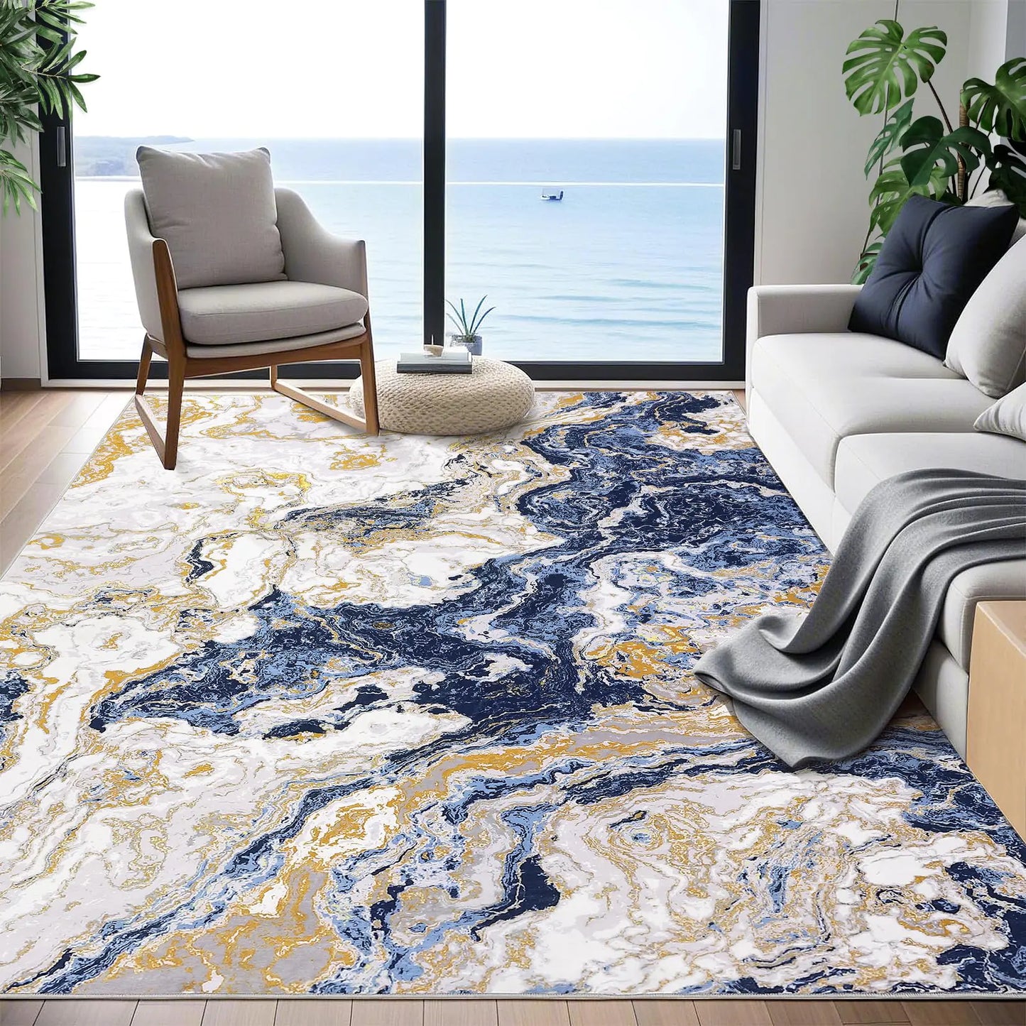 CAROMIO Washable Rug Modern Marble Rug 8x10 Abstract Area Rug for Living Room with Non Slip Boho Marble Pattern Area Rug for Kitchen Home Office Blue