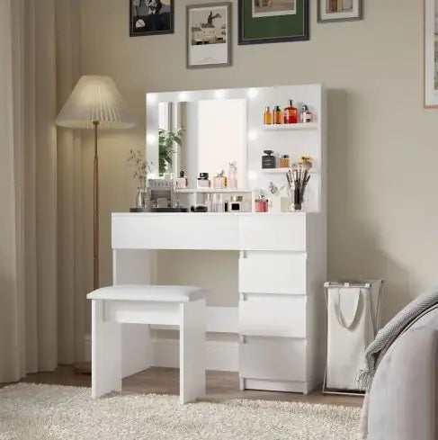 White Vanity Desk with Mirror, Lights & Stool 37”