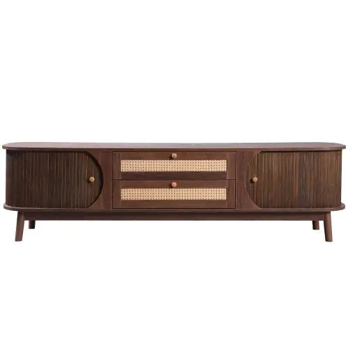 Modern Rattan TV Stand with Solid Wood Legs 75"