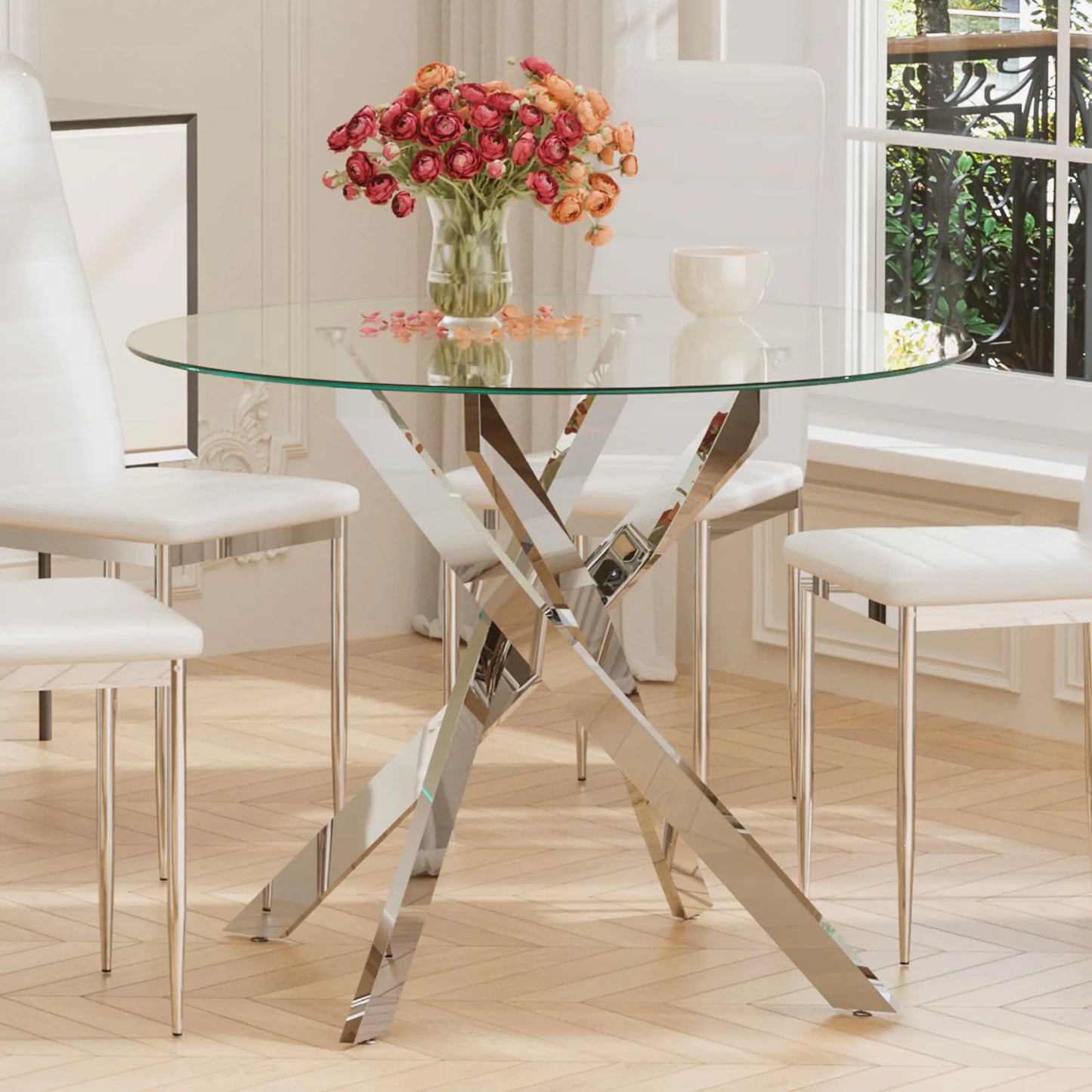 Gujiam Glass Dining TableRound Kitchen Table with Chromed Legs35.3" Small Dining Table for ApartmentKitchen Dining Room(Only Table)