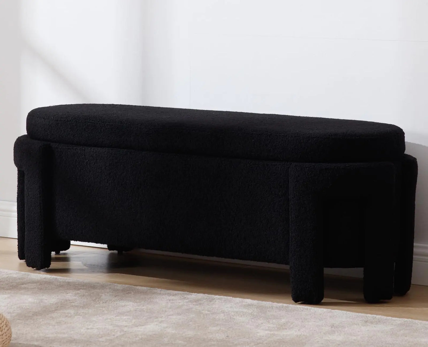 50-Inch Black Faux Fur Storage Ottoman Bench