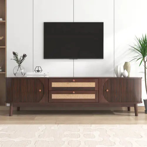 Modern Rattan TV Stand with Solid Wood Legs 75"