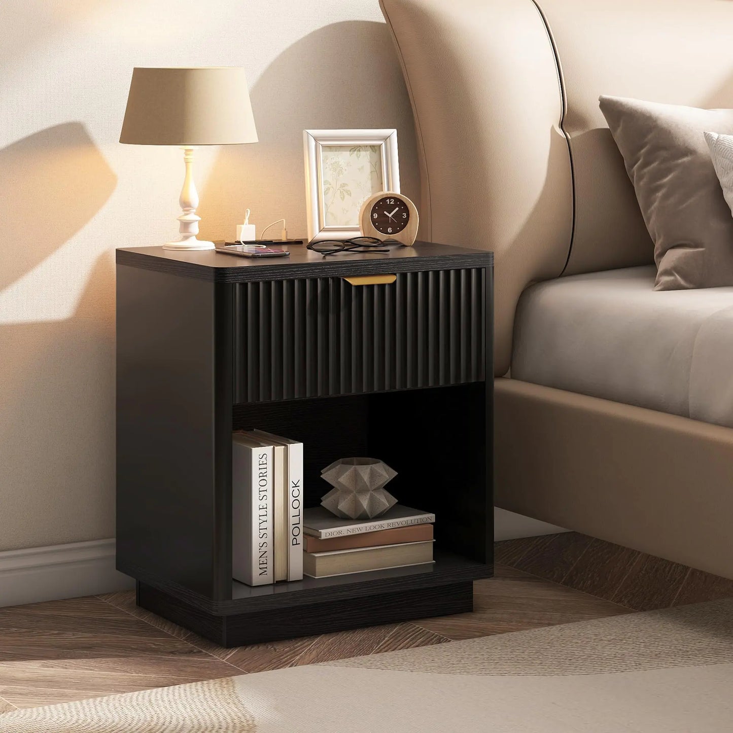Black Nightstand with Charging Station - Fluted Nightstand