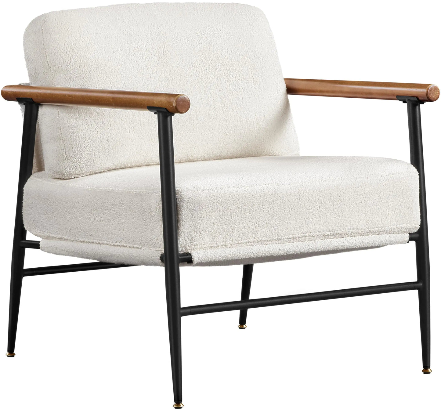 Ivory Boucle Lounge Chair with Wood Armrests