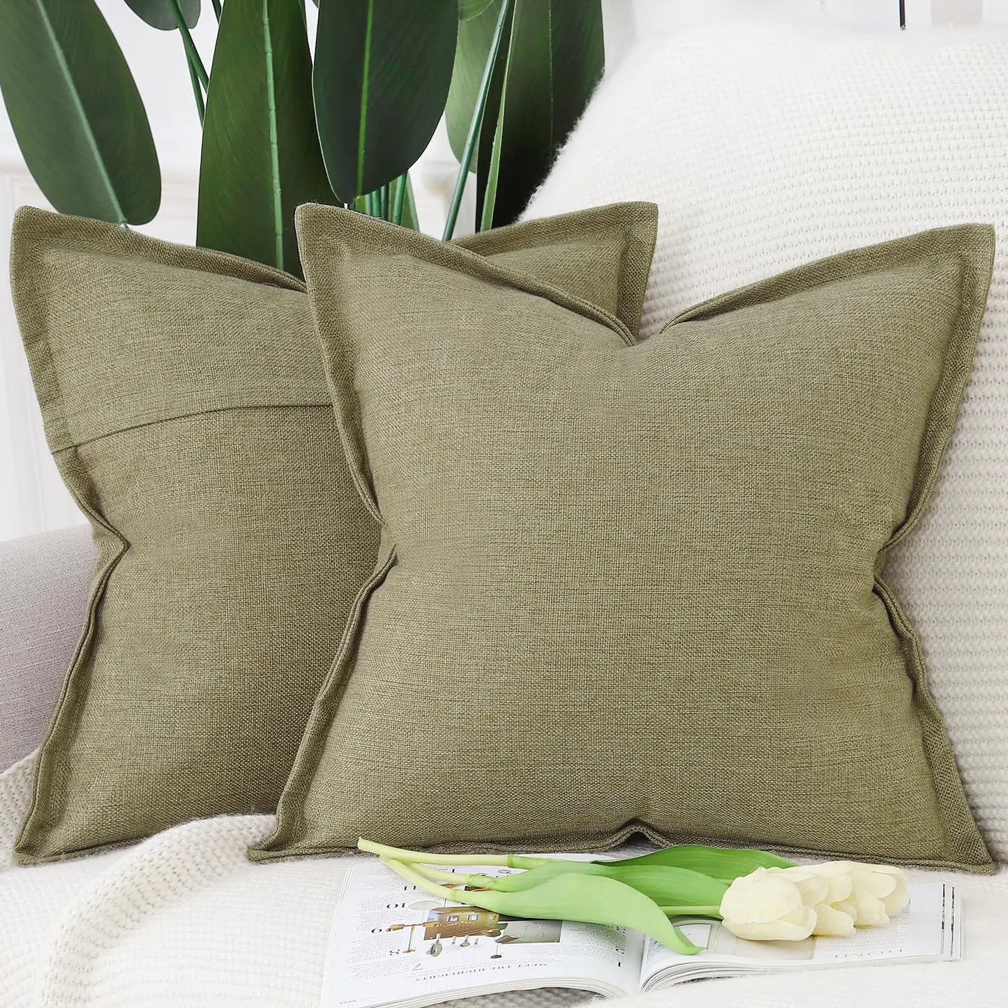 2-Pack Moss Green Linen Pillow Covers 16"x16"
