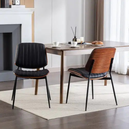 Set of 2 Mid-Century Black Faux Leather Dining Chairs