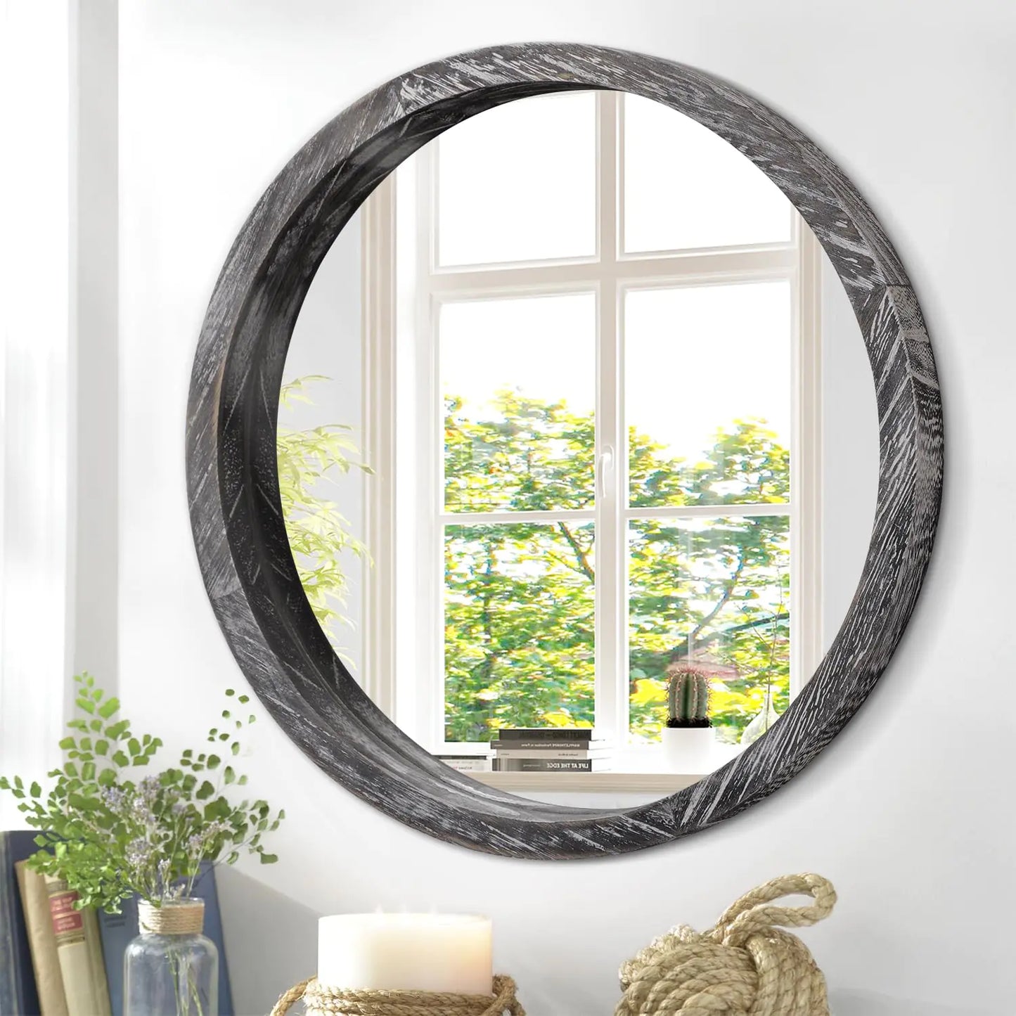 Rustic Wood Circular Wall Mirror 12-Inch