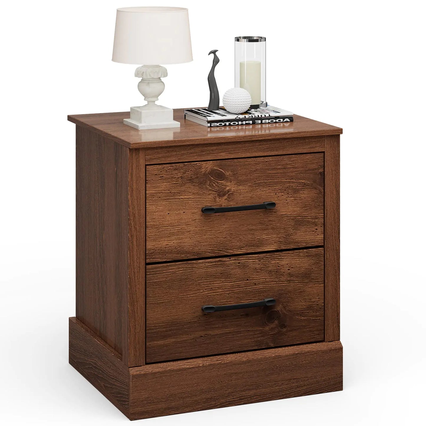 Walnut Farmhouse Wood Nightstand with 2 Storage Drawers