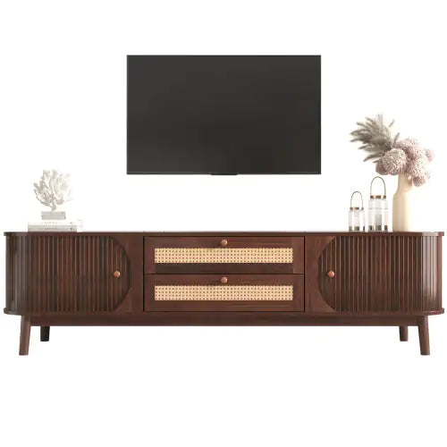 Modern Rattan TV Stand with Solid Wood Legs 75"
