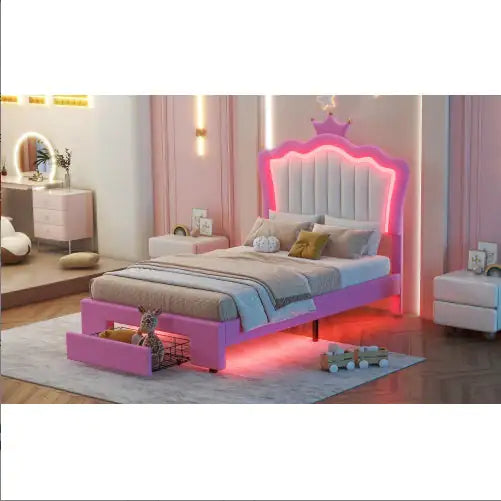 Pink Bed for Girls Bedroom with LED Headboard - Twin Bed Frame
