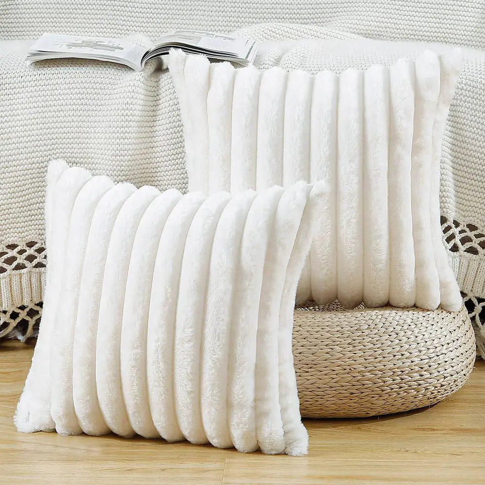 Set of 2 Cream Faux Wool Plush Pillow Covers 26x26"
