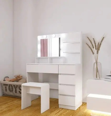 White Vanity Desk with Mirror, Lights & Stool 37”