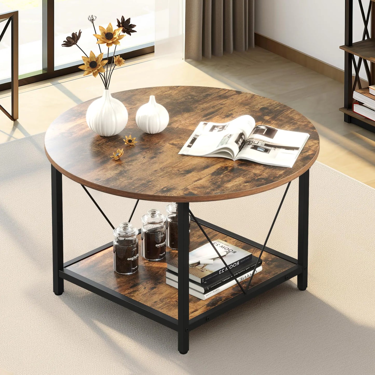 Rustic Round Coffee Table with Bottom Shelf