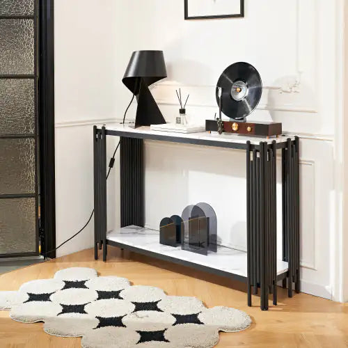 Black MDF 2-Tier Faux Marble Console Table