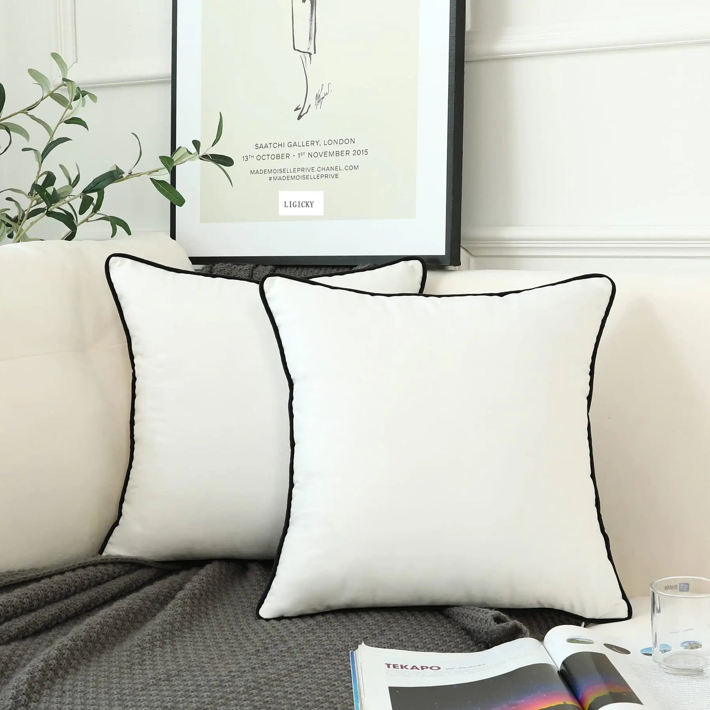 2 White Velvet Pillow Covers with Black Trim 22"x22"