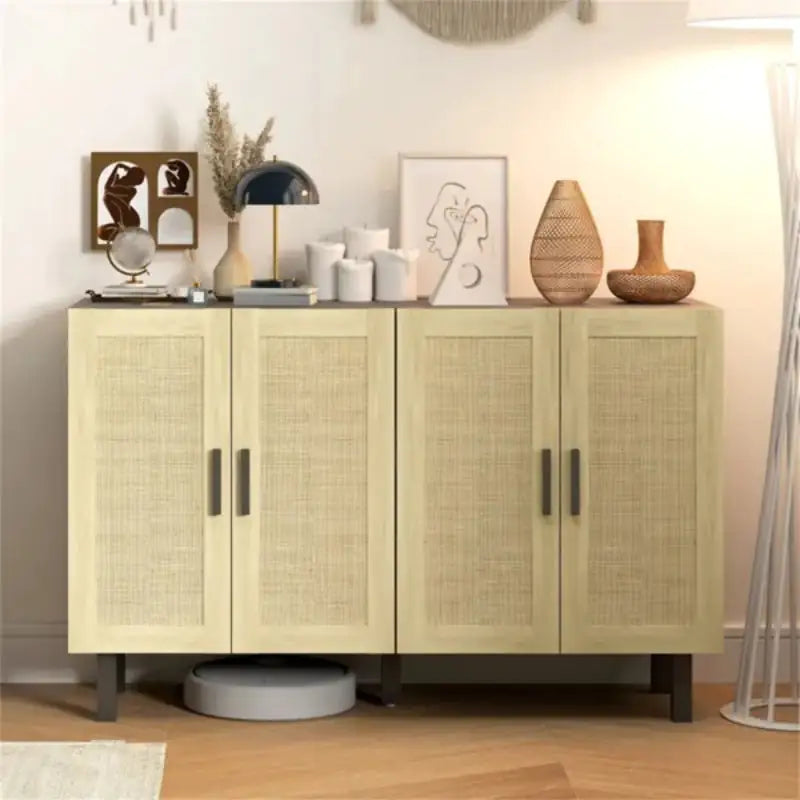Boho Rattan Kitchen Storage Cabinet, Minimalist Buffet Sideboard