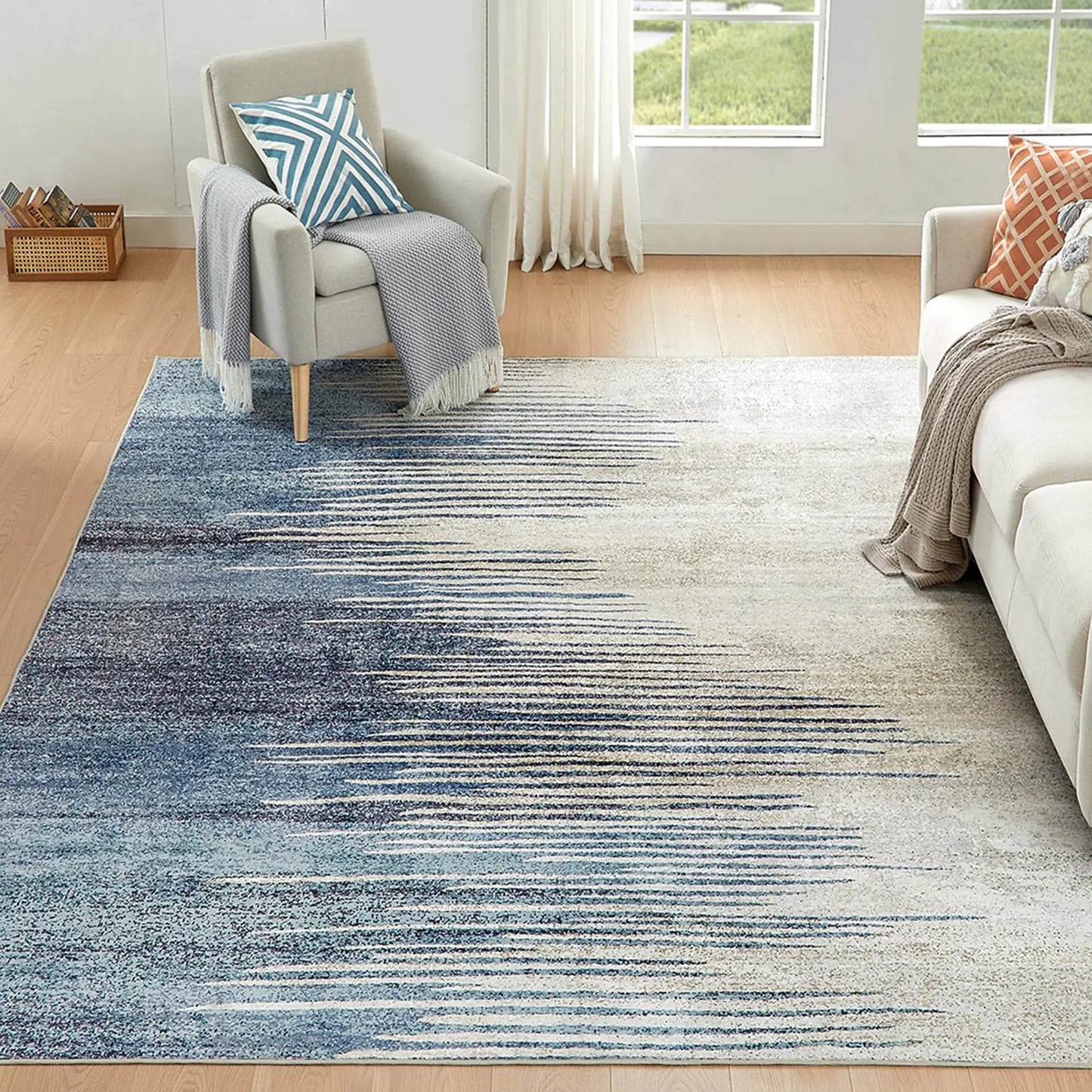 Blue Beige Washable Abstract Rug 6x9"