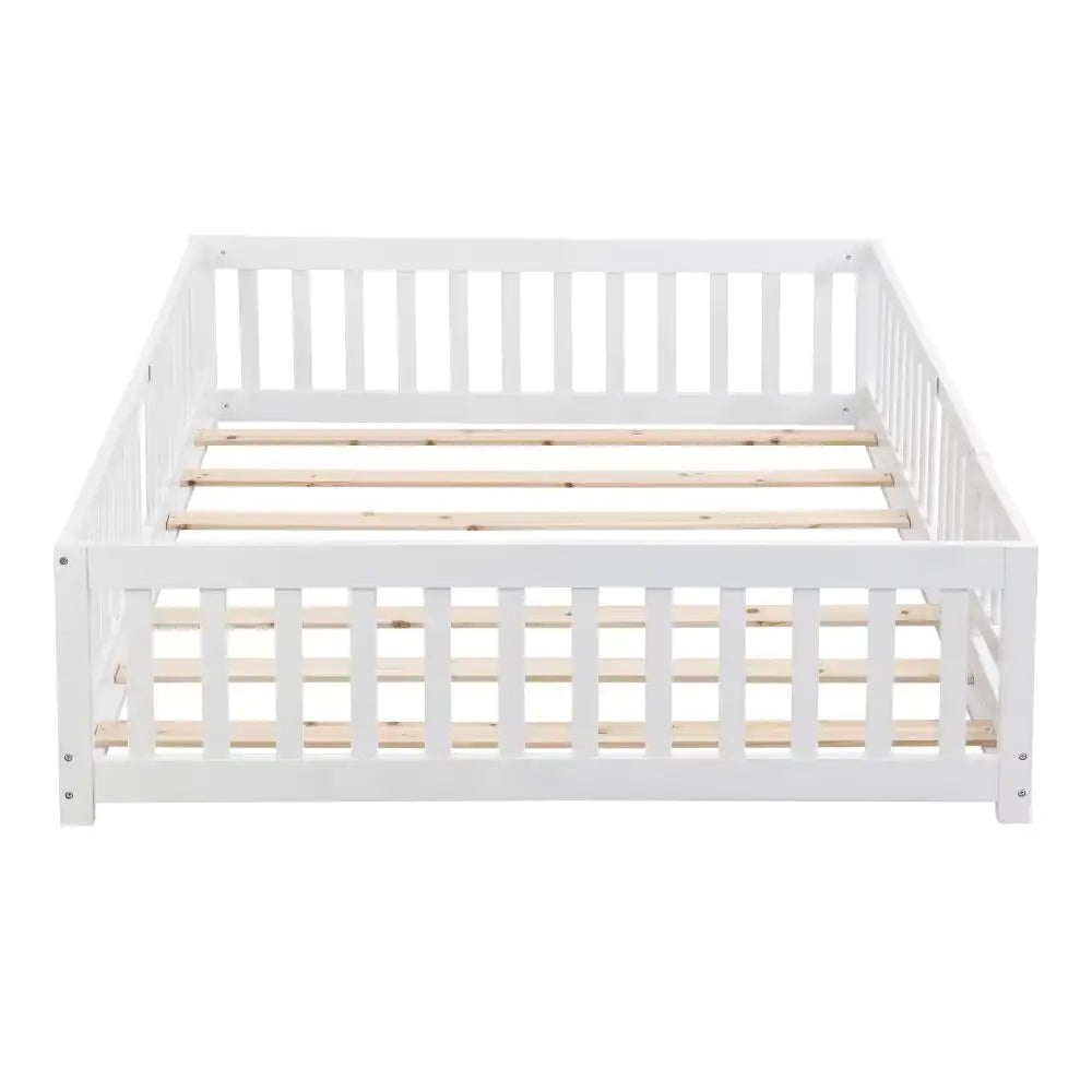 White Montessori Bed, Kids Floor Bed with Fence and Door
