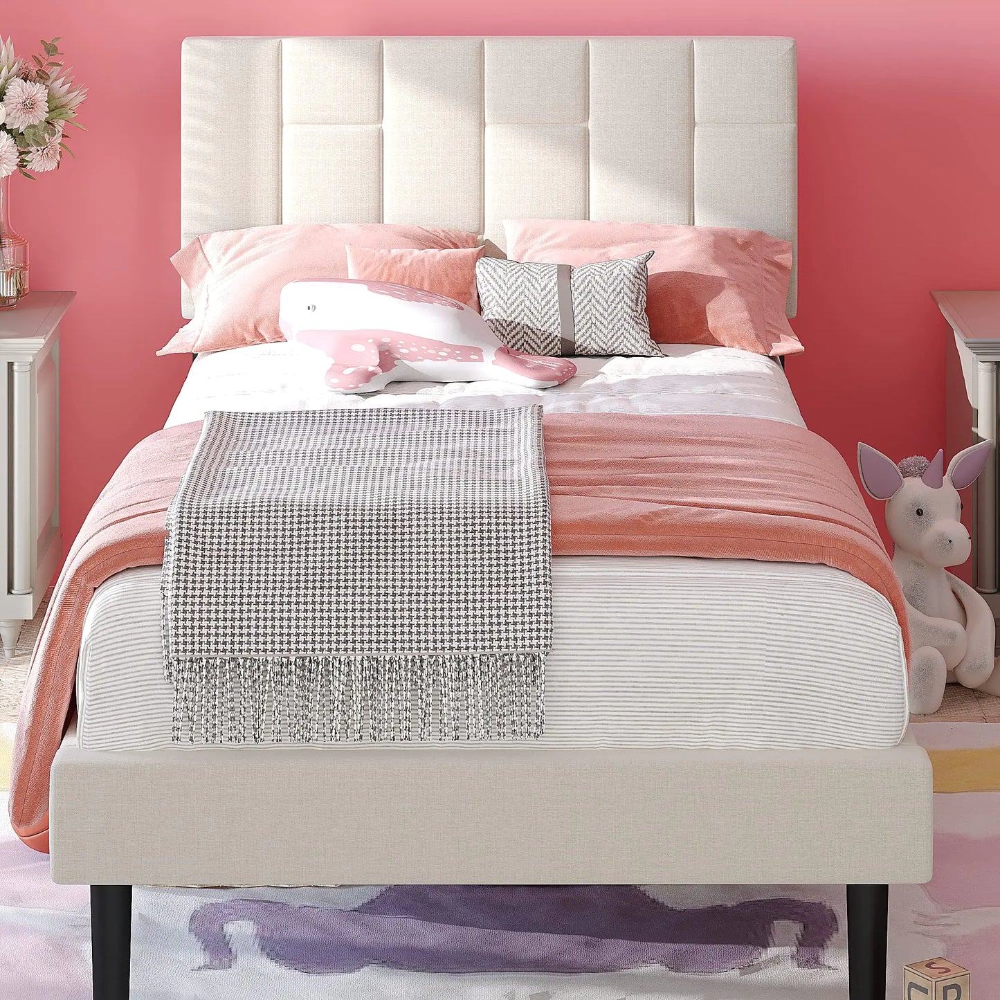 Beige Bed for Kids Bedroom - Twin Bed Frame for Girls Bedroom