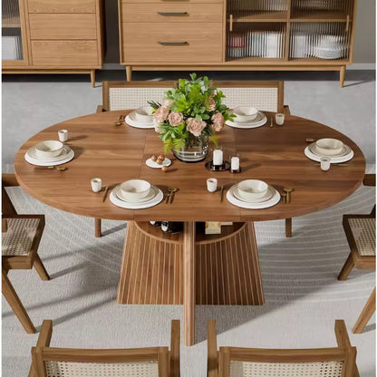 Extendable Round Dining Table with Storage Shelves for 4-8, Walnut
