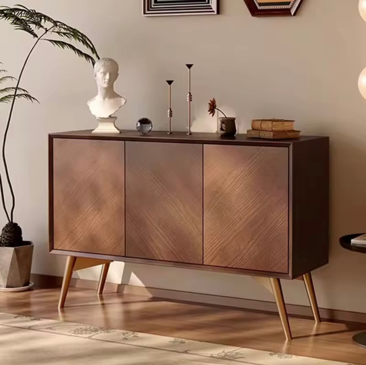 Modern Herringbone Solid Wood Sideboard with Walnut Finish