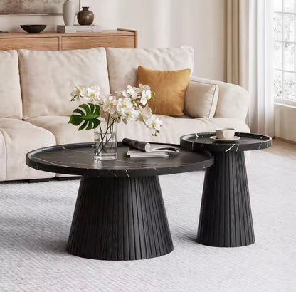 Set of 2 Mid Century Round Wood Grain Nesting Coffee Tables