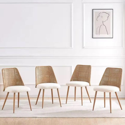 Set of 4 Mid-Century Rattan Dining Chairs, Boucle Seats with Cane Back