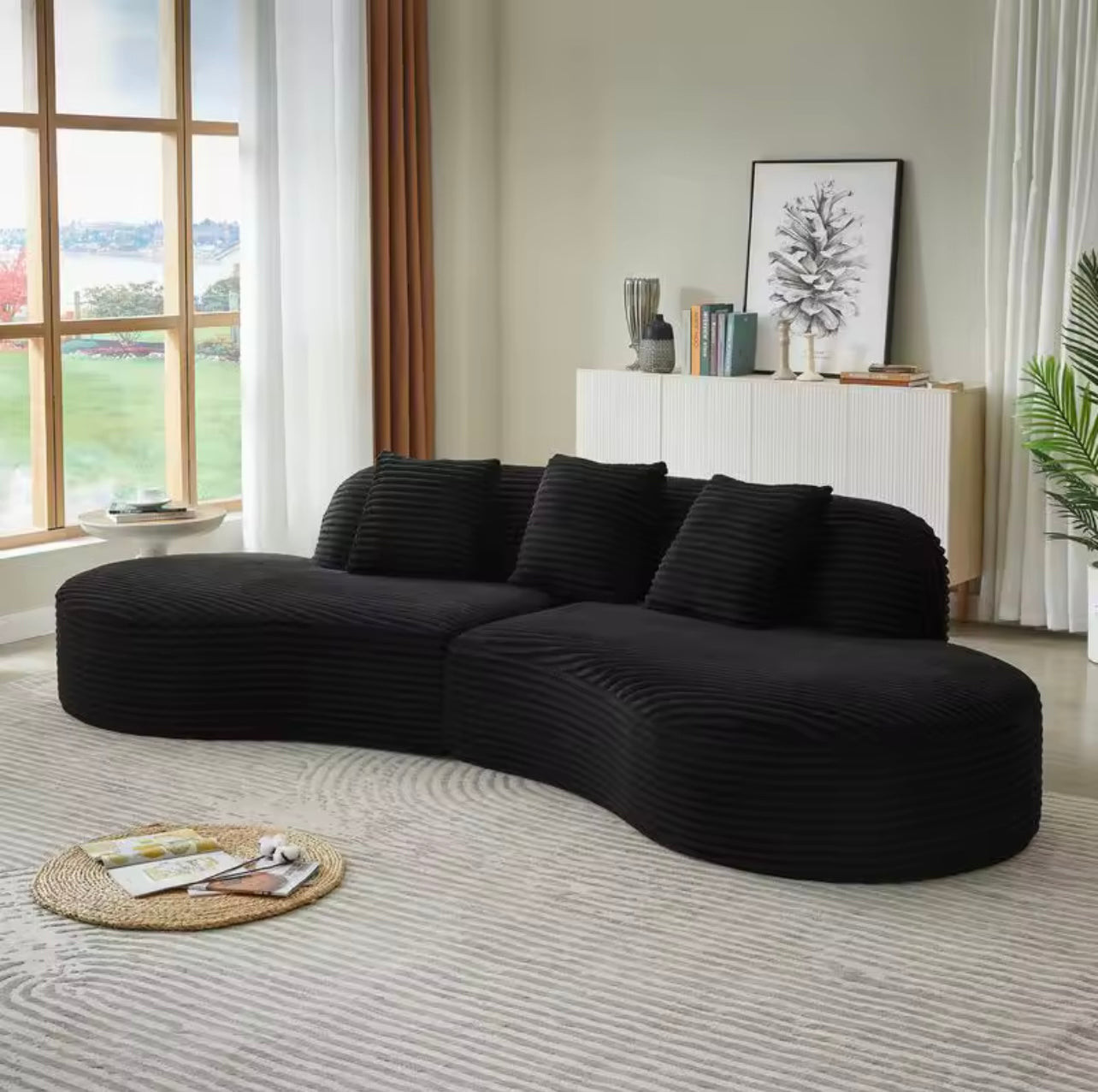4 Seater Contemporary Curved Upholstered Corduroy Sectional Sofa