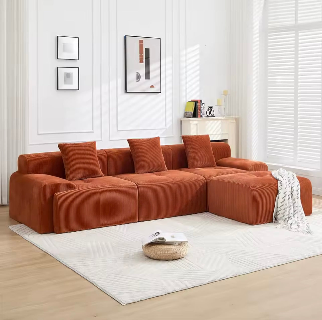 118” Modular Cloud Corduroy Sectional Sofa with Chaise, Grey