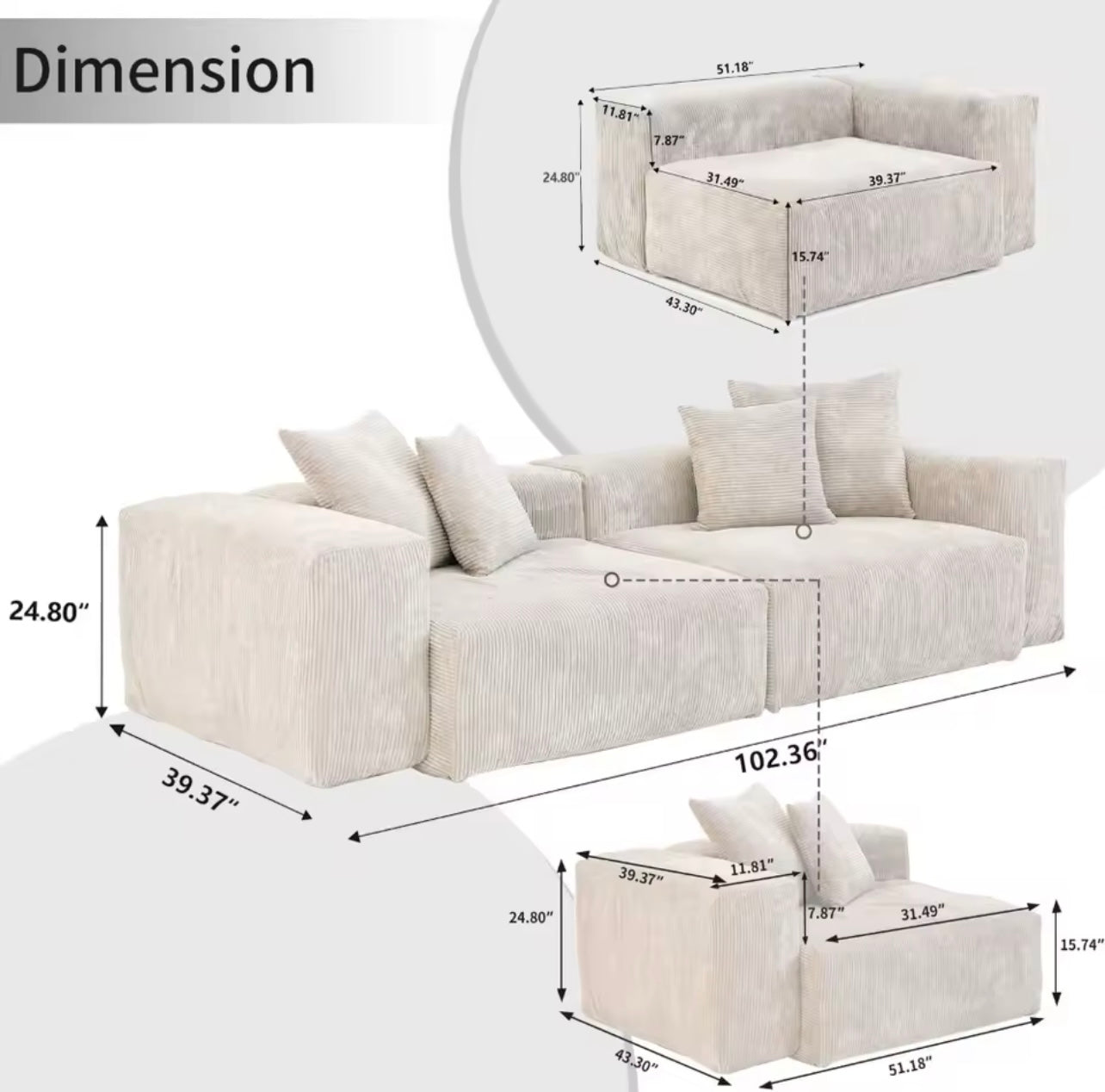 102” Beige Modular Sectional Sofa for Living Room, Modern Corduroy Couch