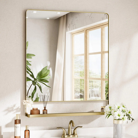 Gold Metal Framed Mirror with Shelf 30x36"
