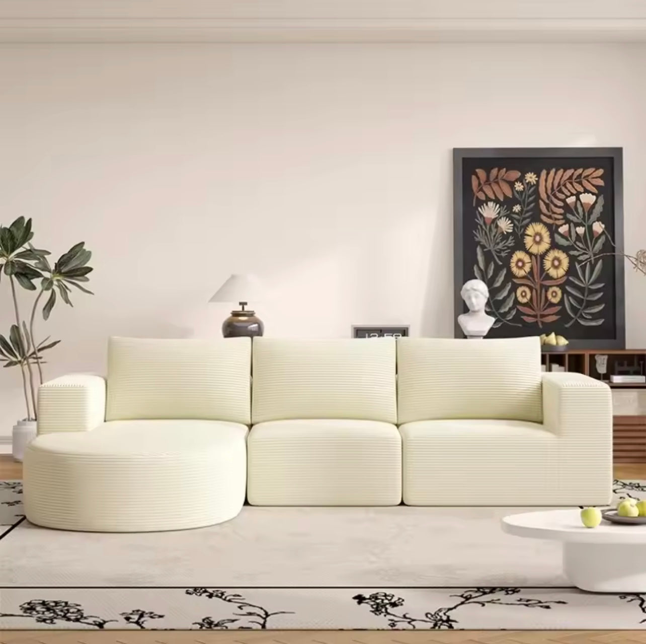 L-Shaped Corduroy Sectional Sofa with Movable Ottoman, Blue