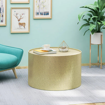 Metal Round Coffee Table, Gold Accent Table with Hammered Surface