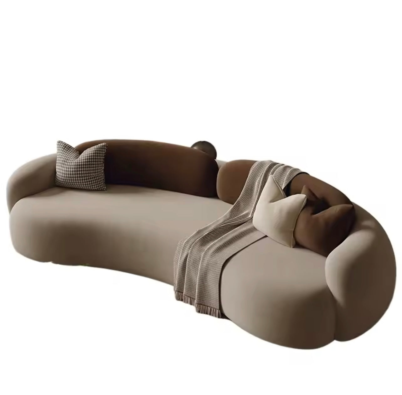 Beige & Brown Modern Curved Sofa, Neutral Velvet Upholstered Couch
