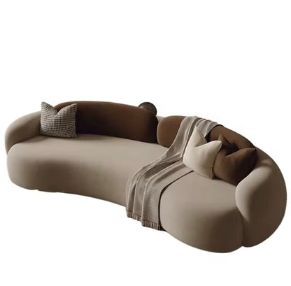 Beige & Brown Modern Curved Sofa, Neutral Velvet Upholstered Couch