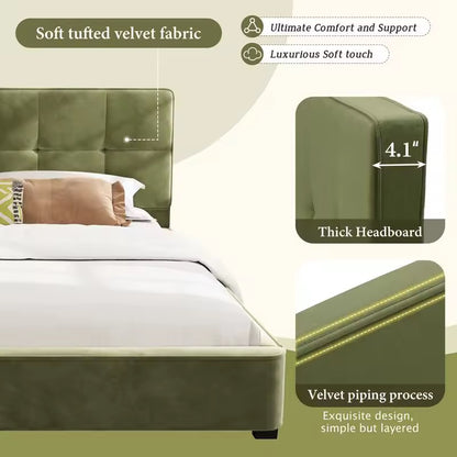 Olive Green King Size Velvet Platform Bed with Tufted Curved Headboard