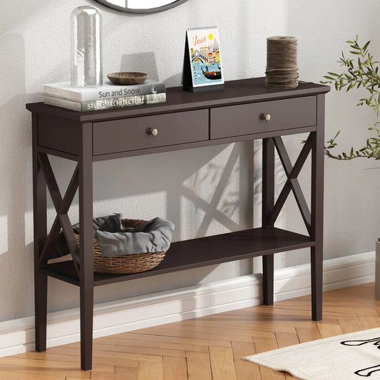 Narrow Espresso Console Table with Drawers and Shelf
