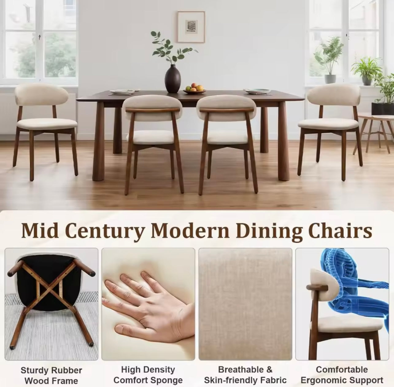 Set of 4 Mid Century Upholstered Dining Chairs Upholstered, Beige