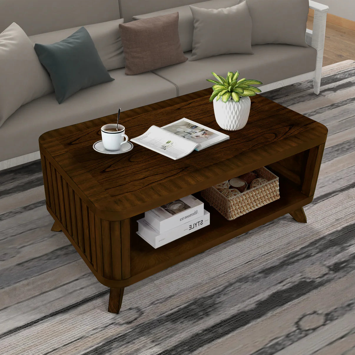 Walnut Rectangular Wooden Coffee Table with Storage