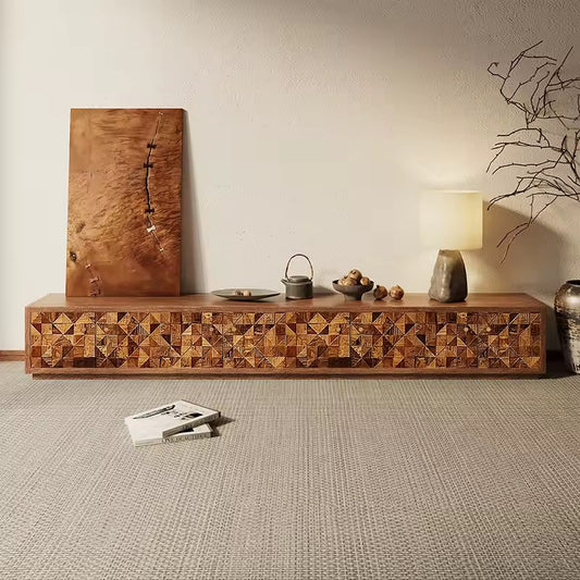 Elmwood Japanese TV Console, Hand-Carved Wooden Media Cabinet