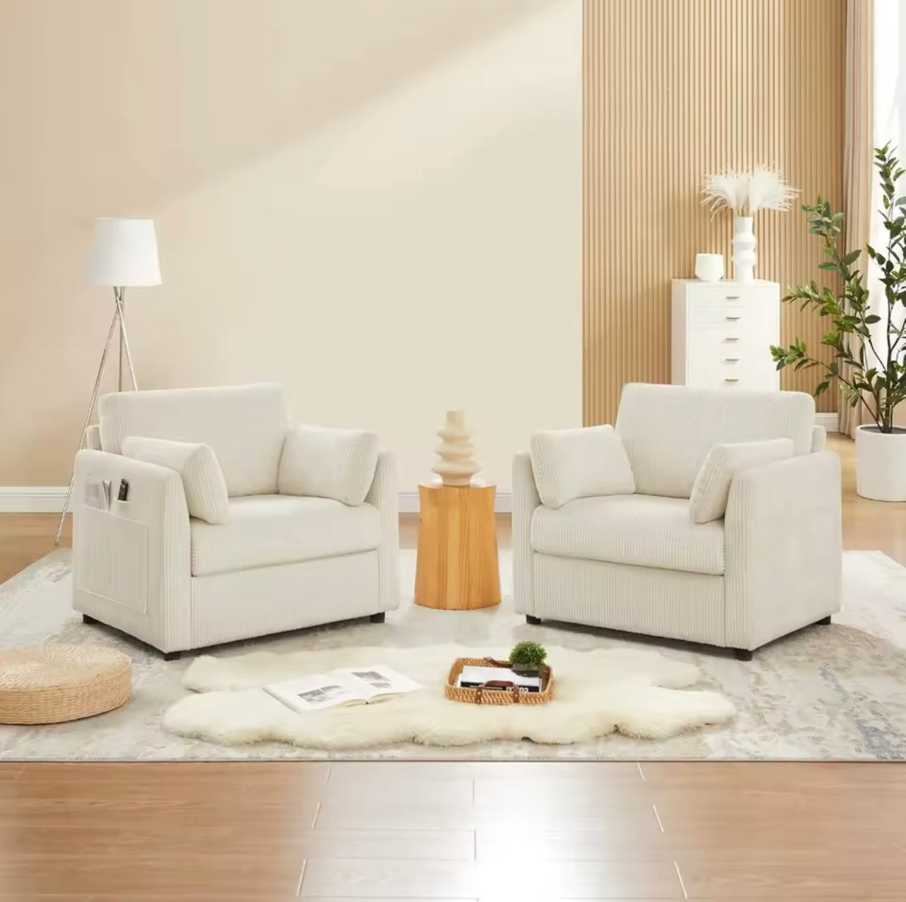 Modern Corduroy Accent Chair, Beige Armchair with Side Pockets