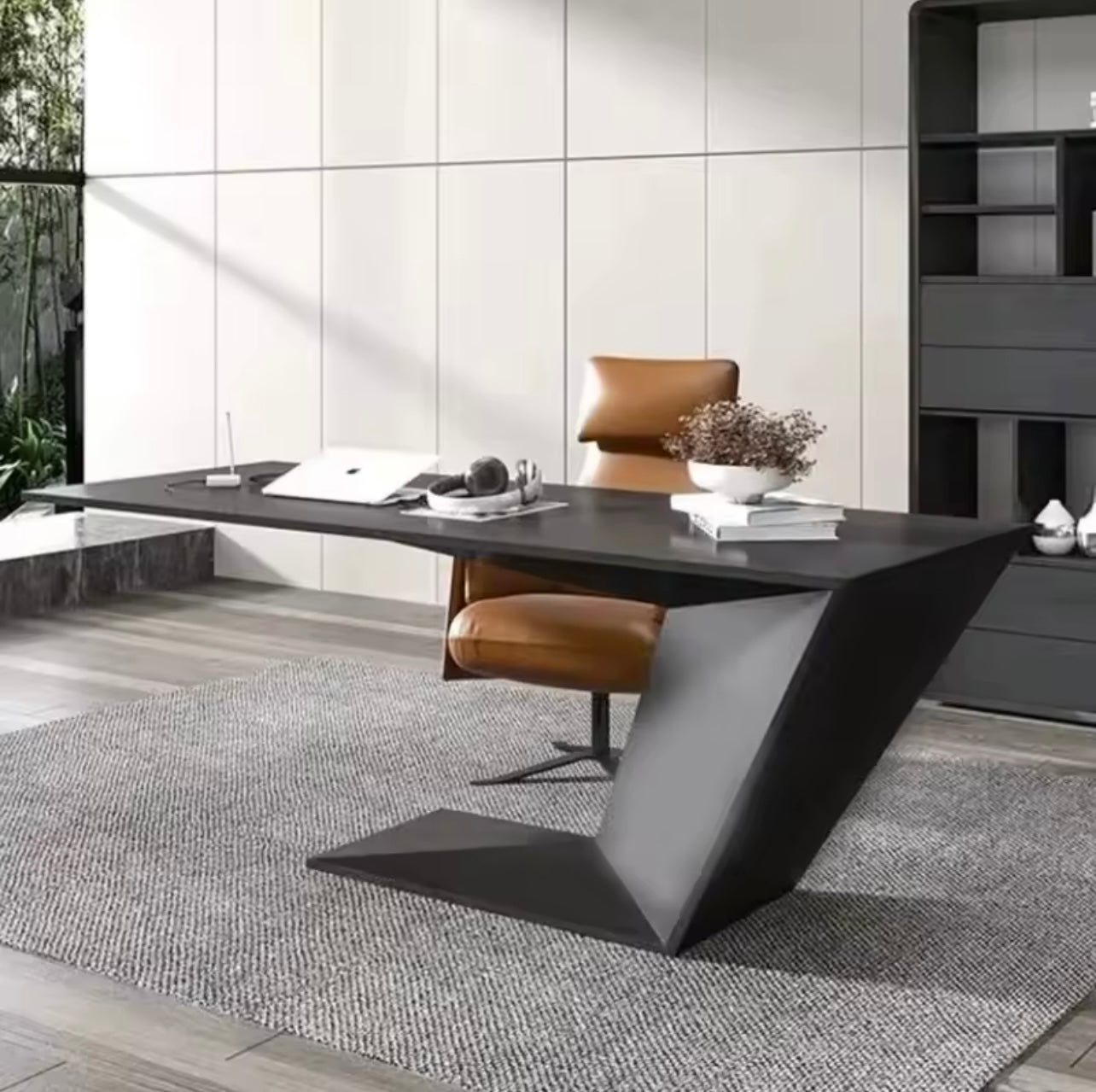 American Oak Executive Desk with U-Base in Charcoal Grey