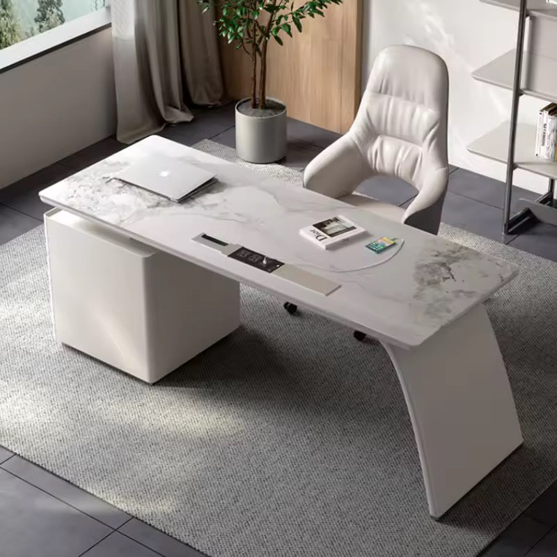 Contemporary Rock Slab Office Desk with USB and Storage, White