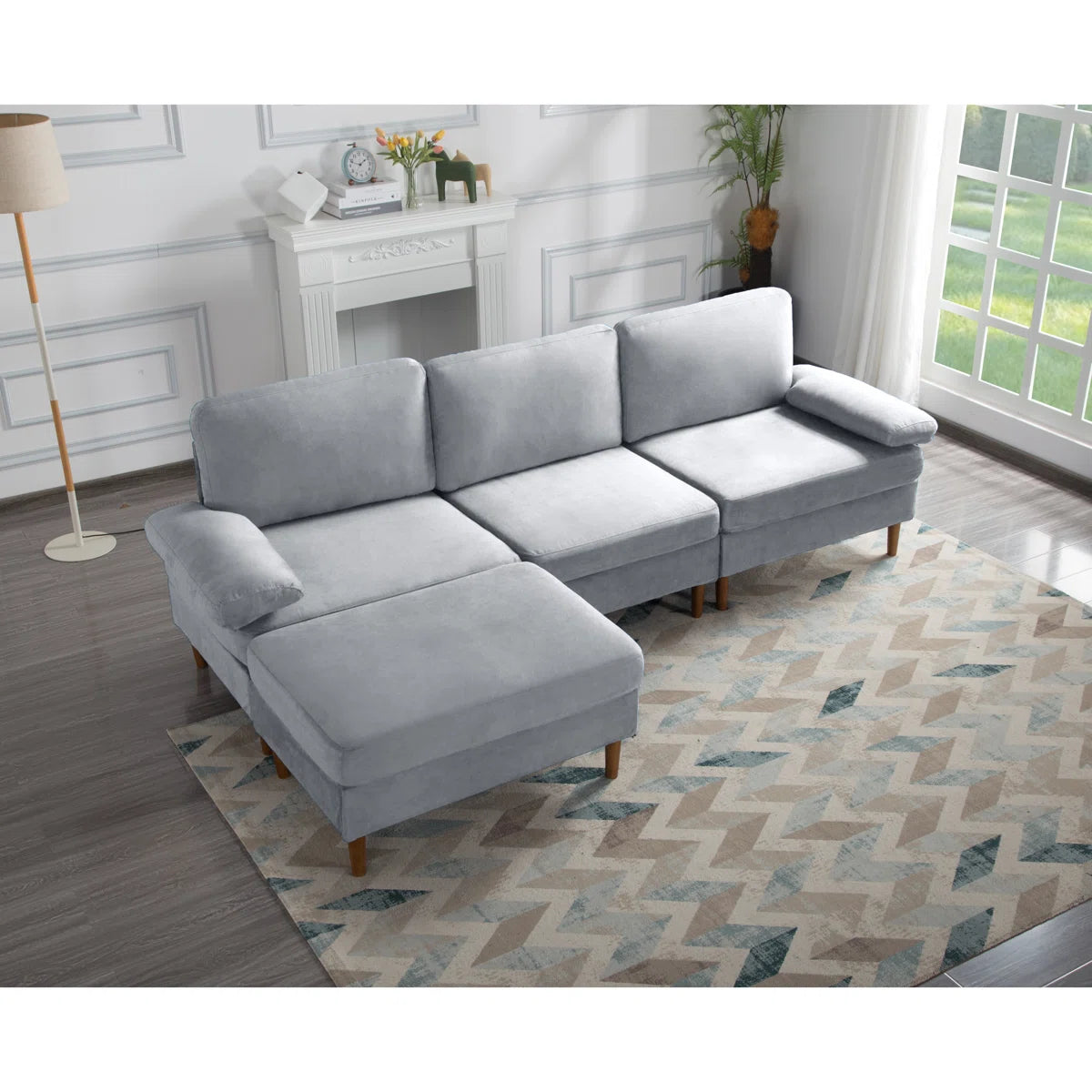 102" Gray Modular Velvet Sectional Sofa with Ottoman