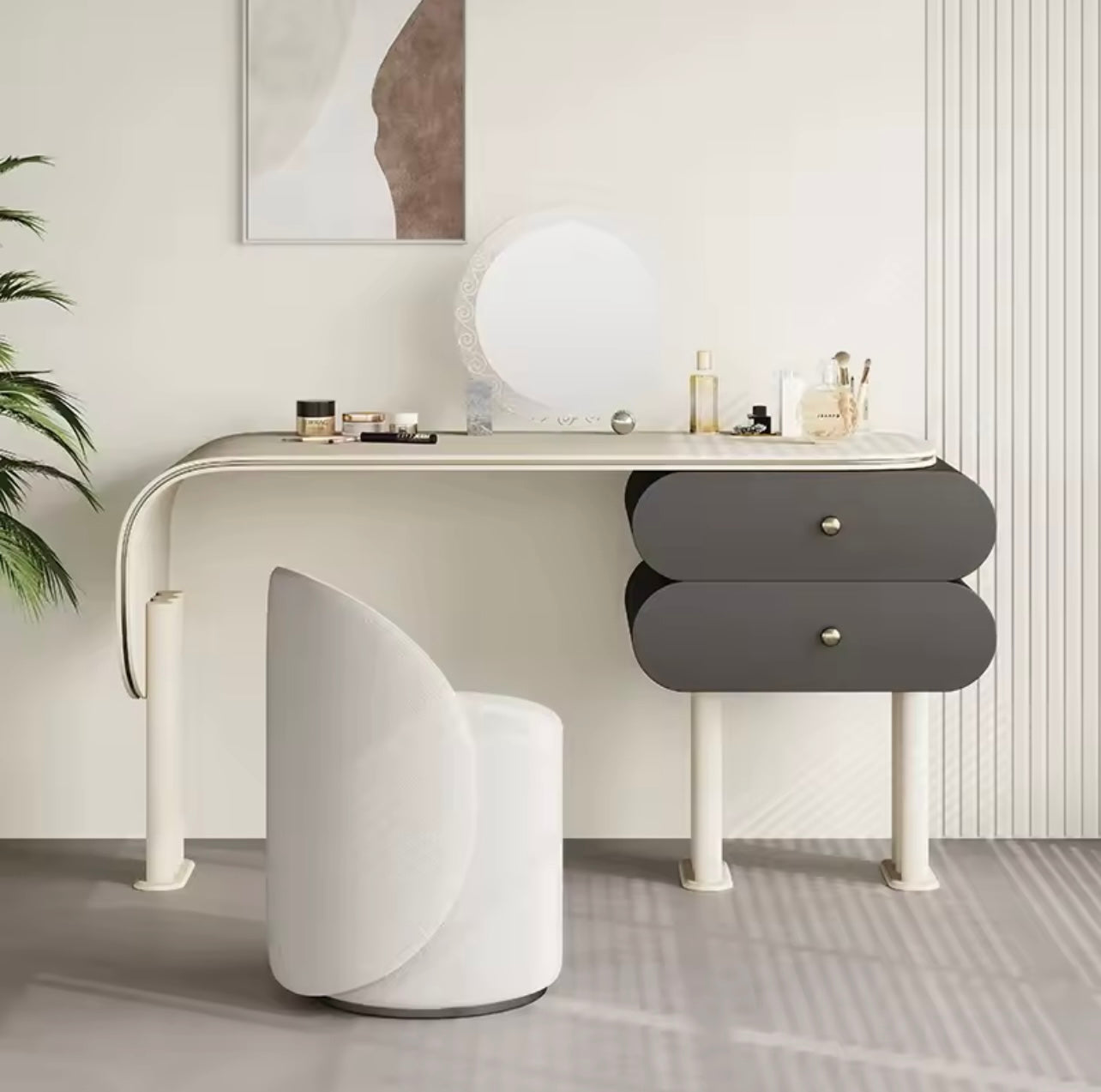 Adjustable Saddle Leather Vanity Set with Mirror & Stool
